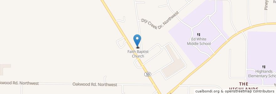 Mapa de ubicacion de Faith Baptist Church en États-Unis D'Amérique, Alabama, Huntsville, Madison County.