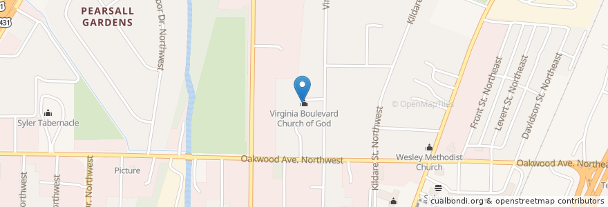 Mapa de ubicacion de Virginia Boulevard Church of God en Vereinigte Staaten Von Amerika, Alabama, Huntsville, Madison County.