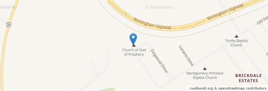 Mapa de ubicacion de Church of God of Prophecy en 美利坚合众国/美利堅合眾國, 亚拉巴马州, Montgomery County, Montgomery.