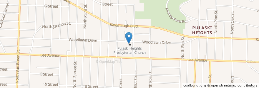 Mapa de ubicacion de Pulaski Heights Presbyterian Church en Amerika Birleşik Devletleri, Arkansas, Pulaski County, Little Rock.