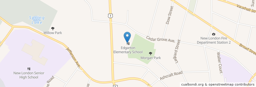 Mapa de ubicacion de Edgarton Elementary School en アメリカ合衆国, コネチカット州, New London County, New London.