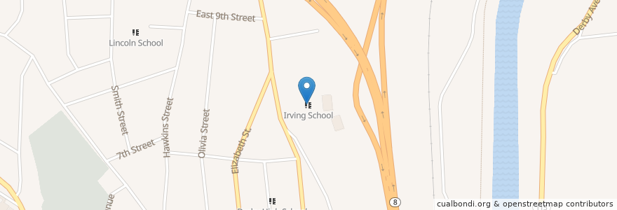 Mapa de ubicacion de Irving School en アメリカ合衆国, コネチカット州, New Haven County, Derby.