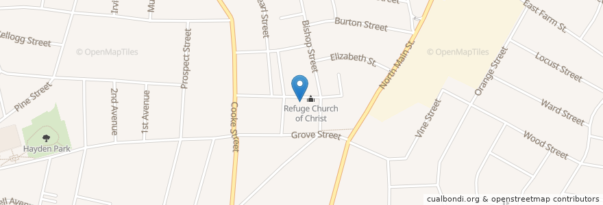 Mapa de ubicacion de Refuge Church of Christ en 미국, 코네티컷, New Haven County, Waterbury.