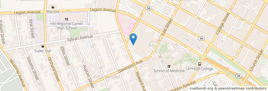 Mapa de ubicacion de Yale New Haven Children's Hospital en アメリカ合衆国, コネチカット州, New Haven County, New Haven.