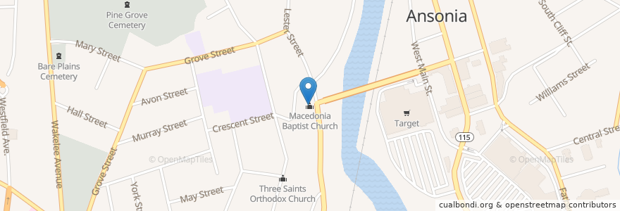 Mapa de ubicacion de Macedonia Baptist Church en Stati Uniti D'America, Connecticut, New Haven County, Ansonia.