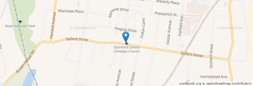 Mapa de ubicacion de Stamford United Christian Church en アメリカ合衆国, コネチカット州, Fairfield County, Stamford.