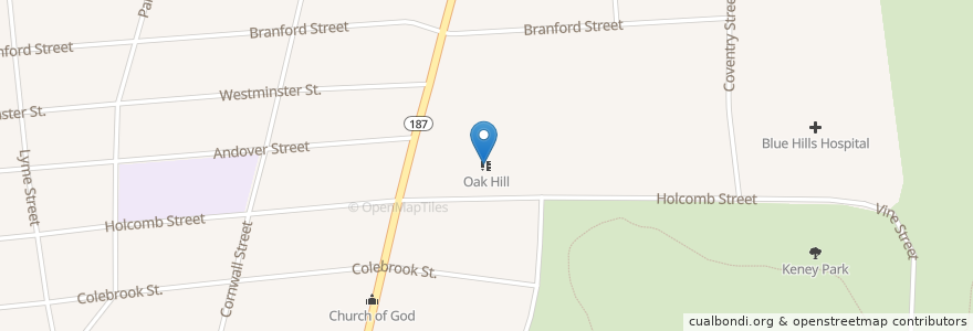 Mapa de ubicacion de Oak Hill en アメリカ合衆国, コネチカット州, Hartford County, Hartford.