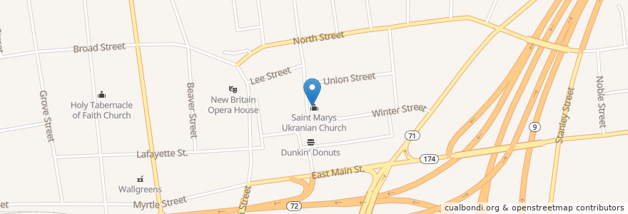Mapa de ubicacion de Saint Marys Ukranian Church en Соединённые Штаты Америки, Коннектикут, Hartford County, Нью-Бритен.