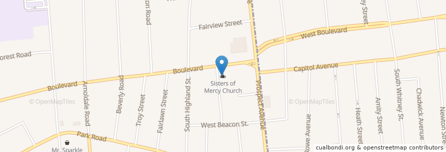Mapa de ubicacion de Sisters of Mercy Church en 미국, 코네티컷, Hartford County.
