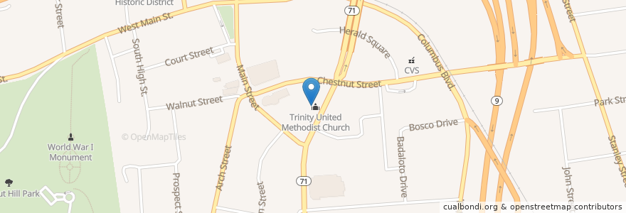 Mapa de ubicacion de Trinity United Methodist Church en Amerika Birleşik Devletleri, Connecticut, Hartford County, New Britain.