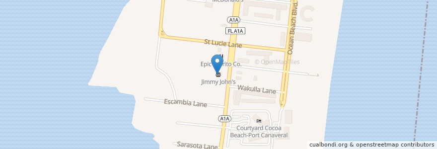 Mapa de ubicacion de Jimmy John's en 美利坚合众国/美利堅合眾國, 佛罗里达州/佛羅里達州, 布里瓦德县/布里瓦德縣/布里瓦德郡, Cocoa Beach.