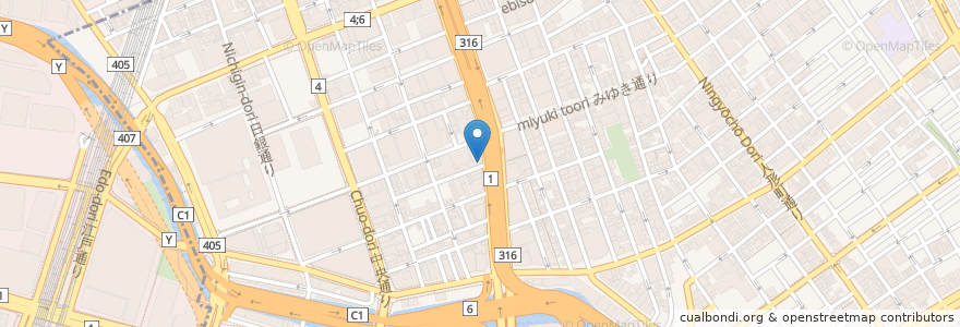 Mapa de ubicacion de なか卯 en Japonya, 東京都, 中央区.