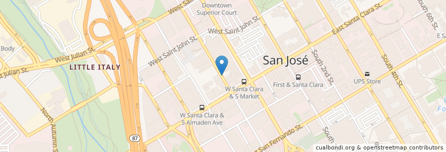 Mapa de ubicacion de Downtown San Jose Farmers’ Market en 美利坚合众国/美利堅合眾國, 加利福尼亚州/加利福尼亞州, 圣克莱拉县, 聖荷西.