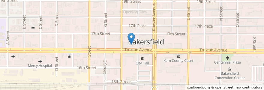 Mapa de ubicacion de Bakersfield City Hall en Estados Unidos Da América, Califórnia, Kern County, Bakersfield.