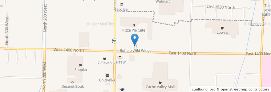 Mapa de ubicacion de Buffalo Wild Wings en アメリカ合衆国, ユタ州, Cache County, Logan.