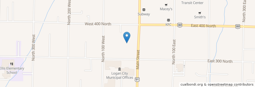 Mapa de ubicacion de Fox's Pizza Den en 美利坚合众国/美利堅合眾國, 犹他州 / 猶他州, Cache County, Logan.