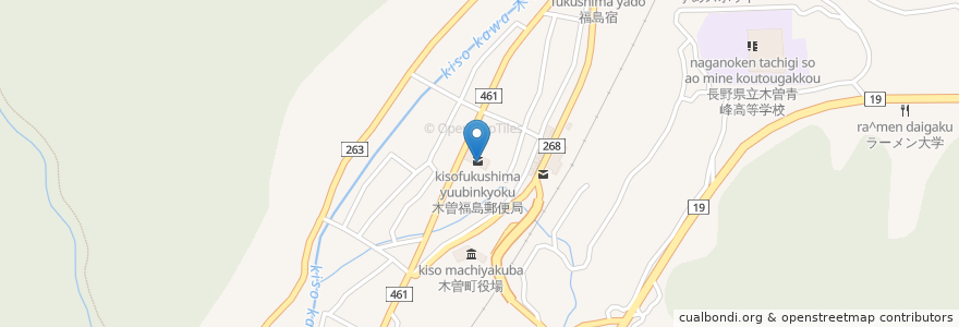 Mapa de ubicacion de 木曽福島郵便局 en Japón, Prefectura De Nagano, 木曽郡, 木曽町.