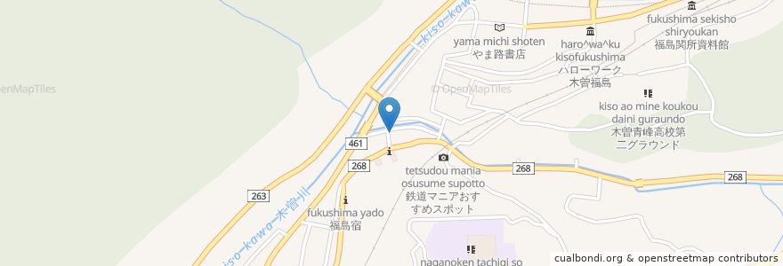 Mapa de ubicacion de くるまや本店 en 日本, 长野县, 木曽郡, 木曽町.