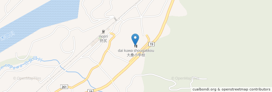 Mapa de ubicacion de 大桑小学校 en 日本, 長野県, 木曽郡, 大桑村.