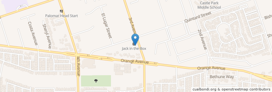 Mapa de ubicacion de Jack in the Box en 미국, 캘리포니아주, San Diego County, Chula Vista.