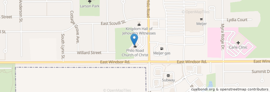 Mapa de ubicacion de Philo Road Church of Christ en アメリカ合衆国, イリノイ州, Champaign County, Urbana.