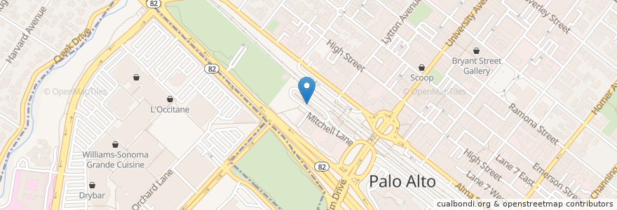 Mapa de ubicacion de Palo Alto Transit Center en ایالات متحده آمریکا, کالیفرنیا, San Mateo County, پالو آلتو, Menlo Park.