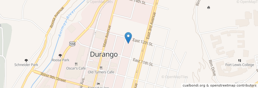 Mapa de ubicacion de Durango Public Library en アメリカ合衆国, コロラド州, La Plata County, Durango.