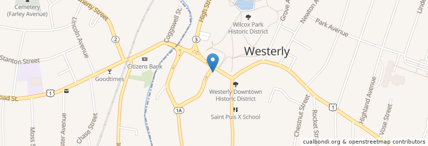 Mapa de ubicacion de Westerly Town Hall and Courthouse en アメリカ合衆国, ロードアイランド州, Washington County, Westerly.