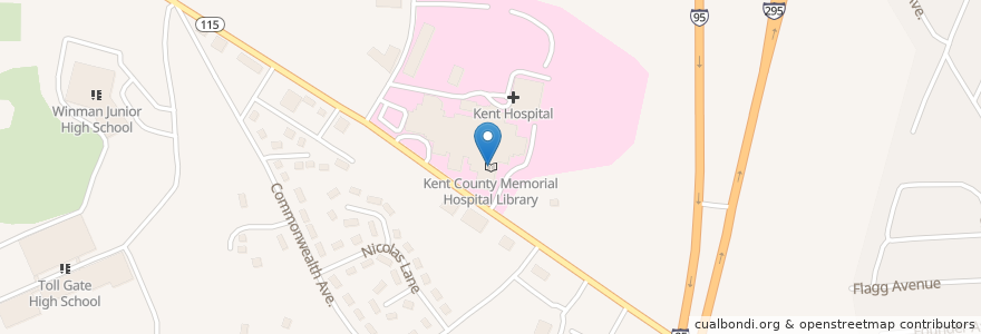 Mapa de ubicacion de Kent County Memorial Hospital Library en 미국, 로드아일랜드, Kent County, Warwick.