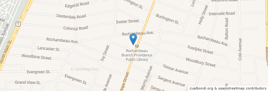 Mapa de ubicacion de Rochambeau Branch Providence Public Library en Соединённые Штаты Америки, Род-Айленд, Providence County, Providence.