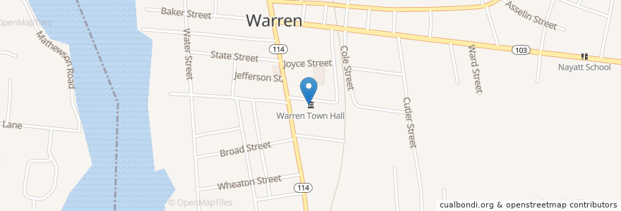 Mapa de ubicacion de Warren Town Hall en Estados Unidos De América, Rhode Island, Bristol County, Warren.
