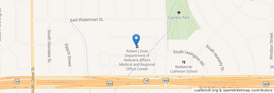 Mapa de ubicacion de Robert J Dole Department of Veterans Affairs Medical and Regional Office Center en États-Unis D'Amérique, Kansas, Sedgwick County, Wichita.