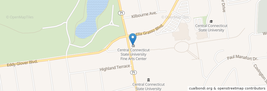 Mapa de ubicacion de Central Connecticut State University Fine Arts Center en 美利坚合众国/美利堅合眾國, 康涅狄格州 / 康乃狄克州, Hartford County, New Britain.