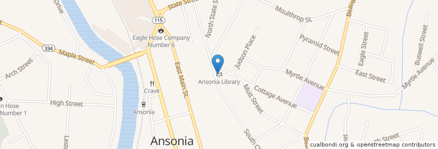 Mapa de ubicacion de Ansonia Library en 미국, 코네티컷, New Haven County, Ansonia.