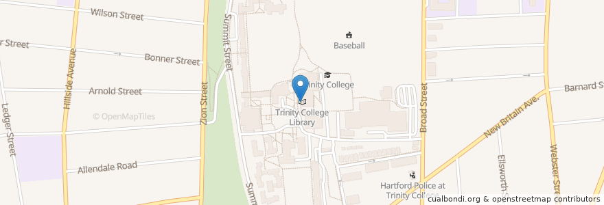 Mapa de ubicacion de Trinity College Library en الولايات المتّحدة الأمريكيّة, كونيتيكت, Hartford County, Hartford.