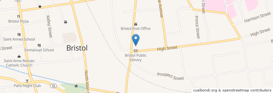 Mapa de ubicacion de Bristol Public Library en الولايات المتّحدة الأمريكيّة, كونيتيكت, Hartford County, Bristol.