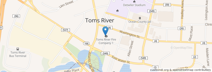 Mapa de ubicacion de Toms River Fire Company 1 en 美利坚合众国/美利堅合眾國, 新泽西州 / 新澤西州 / 紐澤西州, Ocean County, Toms River.