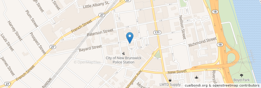 Mapa de ubicacion de New Brunswick City Hall en الولايات المتّحدة الأمريكيّة, نيو جيرسي, Middlesex County, New Brunswick.