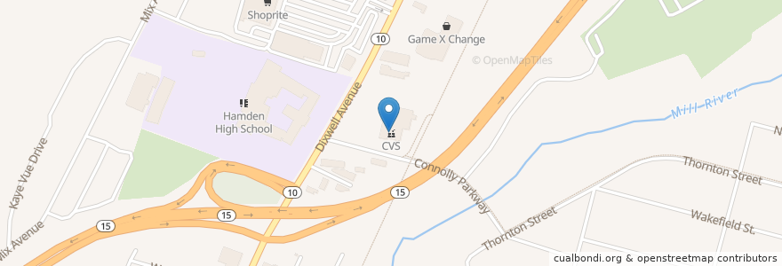 Mapa de ubicacion de CVS en 美利坚合众国/美利堅合眾國, 康涅狄格州 / 康乃狄克州, New Haven County, Hamden.