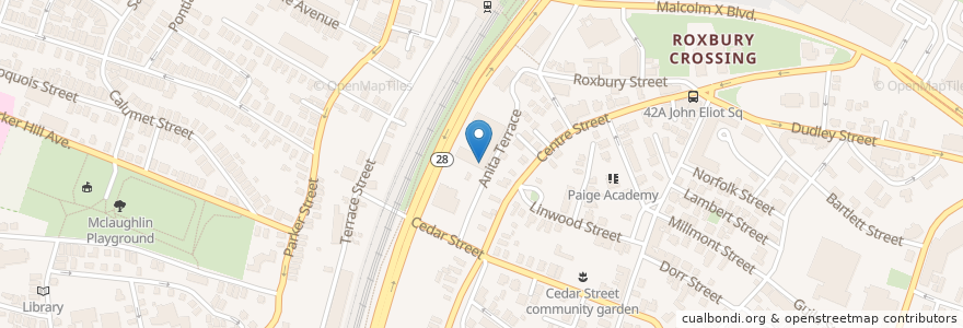 Mapa de ubicacion de Roxbury Community College Learning Resources Center en Estados Unidos Da América, Massachusetts, Suffolk County, Boston.