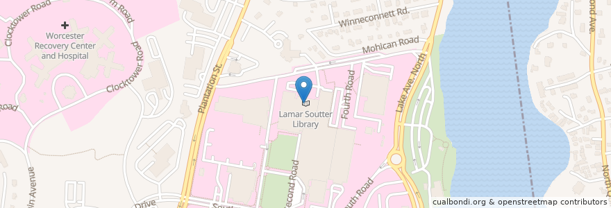 Mapa de ubicacion de Lamar Soutter Library en United States, Massachusetts, Worcester County, Worcester.