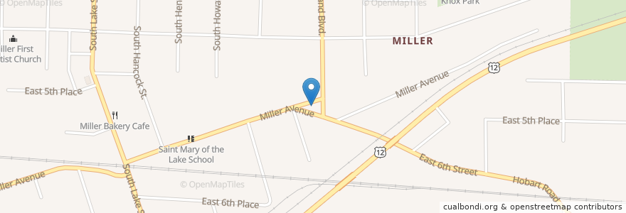 Mapa de ubicacion de Miller Town Hall en 미국, 인디애나 주, Lake County, Gary.