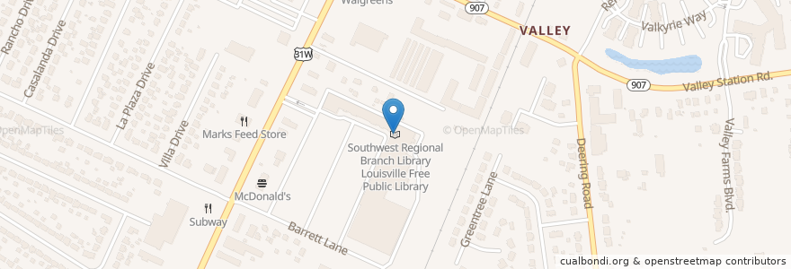 Mapa de ubicacion de Southwest Regional Branch Library Louisville Free Public Library en الولايات المتّحدة الأمريكيّة, كنتاكي, مقاطعة جفرسون, Louisville.