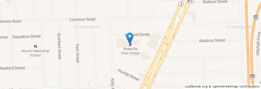 Mapa de ubicacion de Roseville Civic Center en Vereinigte Staaten Von Amerika, Michigan, Macomb County, Roseville.