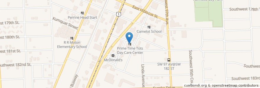 Mapa de ubicacion de Prime Time Tots Day Care Center en Соединённые Штаты Америки, Флорида, Майами-Дейд, Palmetto Bay.