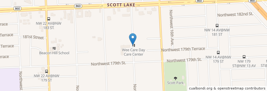 Mapa de ubicacion de Wee Care Day Care Center en 美利坚合众国/美利堅合眾國, 佛罗里达州/佛羅里達州, 迈阿密-戴德县/邁亞美戴德縣/邁阿密-戴德郡, Miami Gardens.
