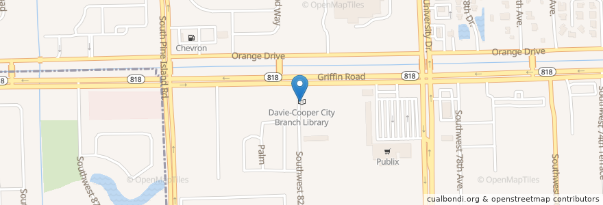 Mapa de ubicacion de Davie-Cooper City Branch Library en 美利坚合众国/美利堅合眾國, 佛罗里达州/佛羅里達州, Broward County, Davie.