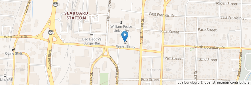 Mapa de ubicacion de Finch Library en États-Unis D'Amérique, Caroline Du Nord, Wake County, Raleigh.