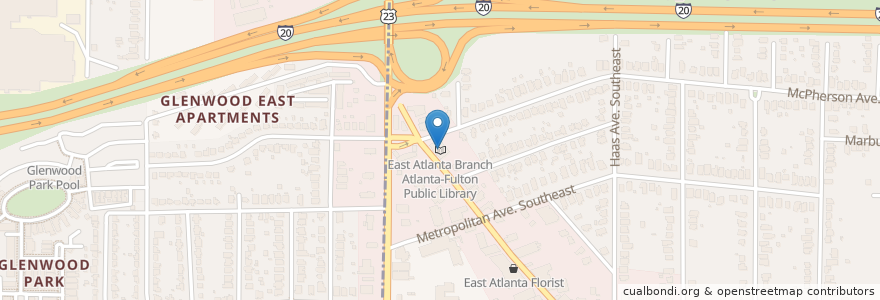 Mapa de ubicacion de East Atlanta Branch Atlanta-Fulton Public Library en アメリカ合衆国, ジョージア州, Dekalb County, Atlanta.