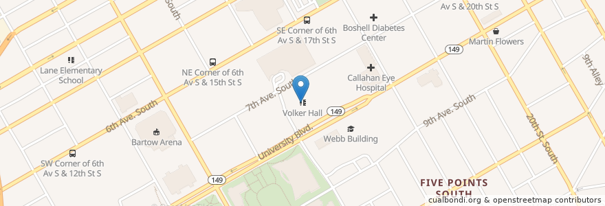 Mapa de ubicacion de Volker Hall en アメリカ合衆国, アラバマ州, Birmingham, Jefferson County.